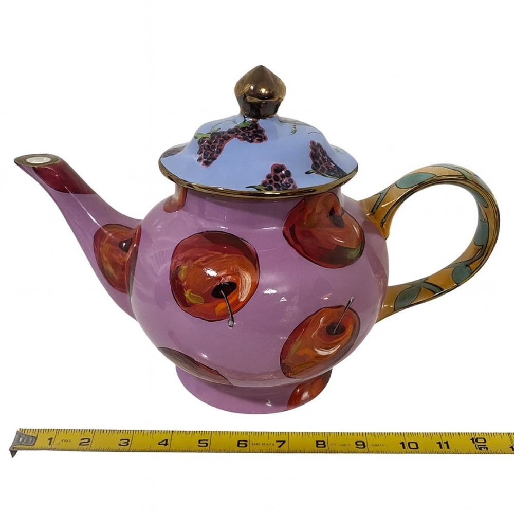 Droll Designs Hand Painted Ceramic Teapot – Cherries & Grapes –Purple/Gold – 12”